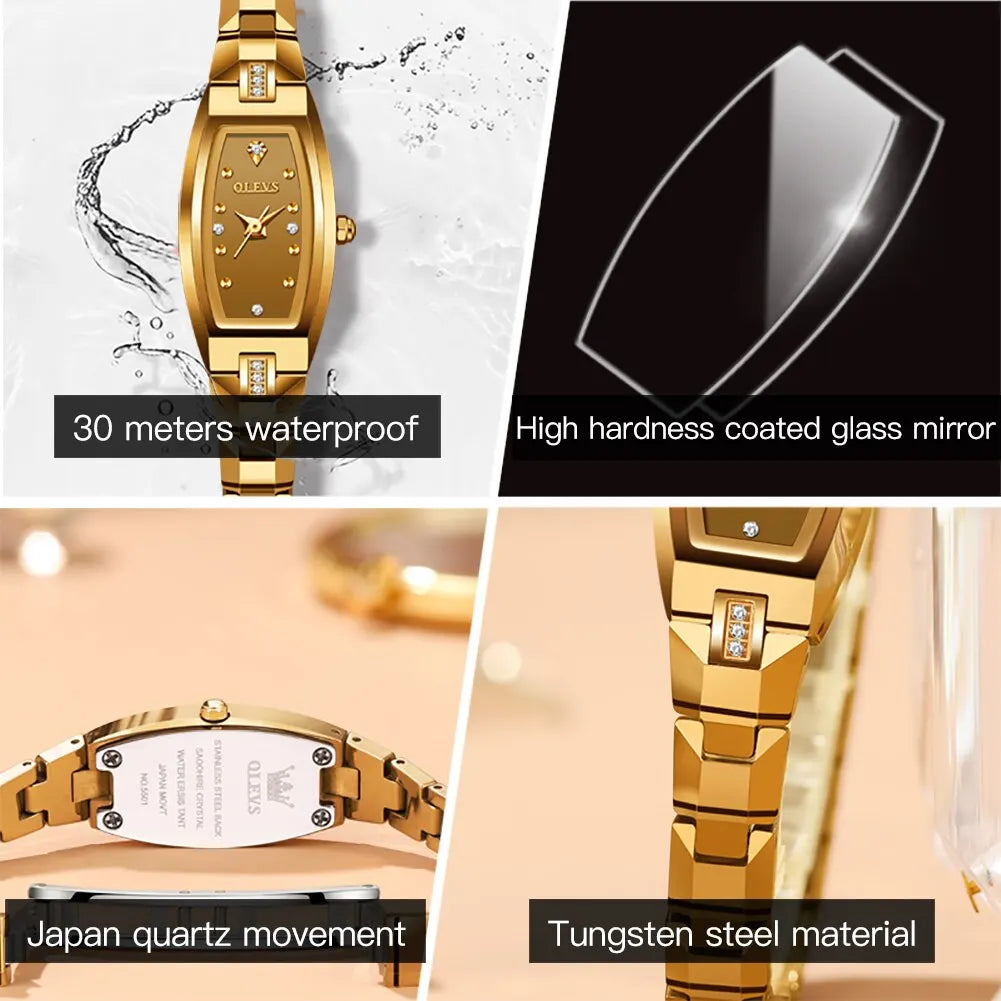 Slim Thin Watch for Women Luxury Tungsten Steel Band Tonneau Design Square Shape Elegant Diamond Quartz Ladies Watch