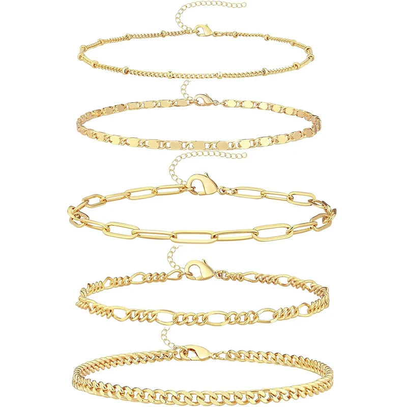 5PCS Ankle Bracelets for Women Teen Girls, 14K Gold Plated Waterproof Layered Cuban Figaro Link Chain Anklets Set Jewelry Gifts