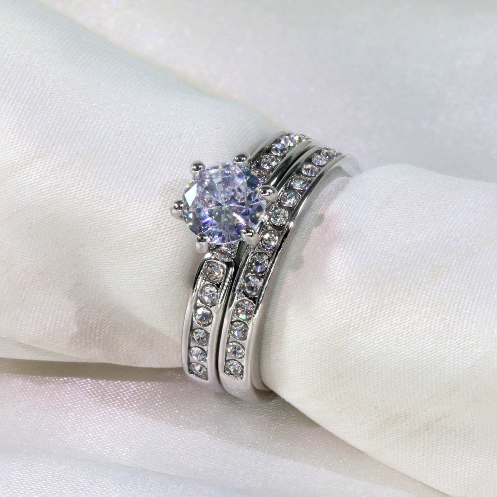 Matching Rings Couple Rings 10Kt White Gold Plated CZ Wedding Ring Set for Women