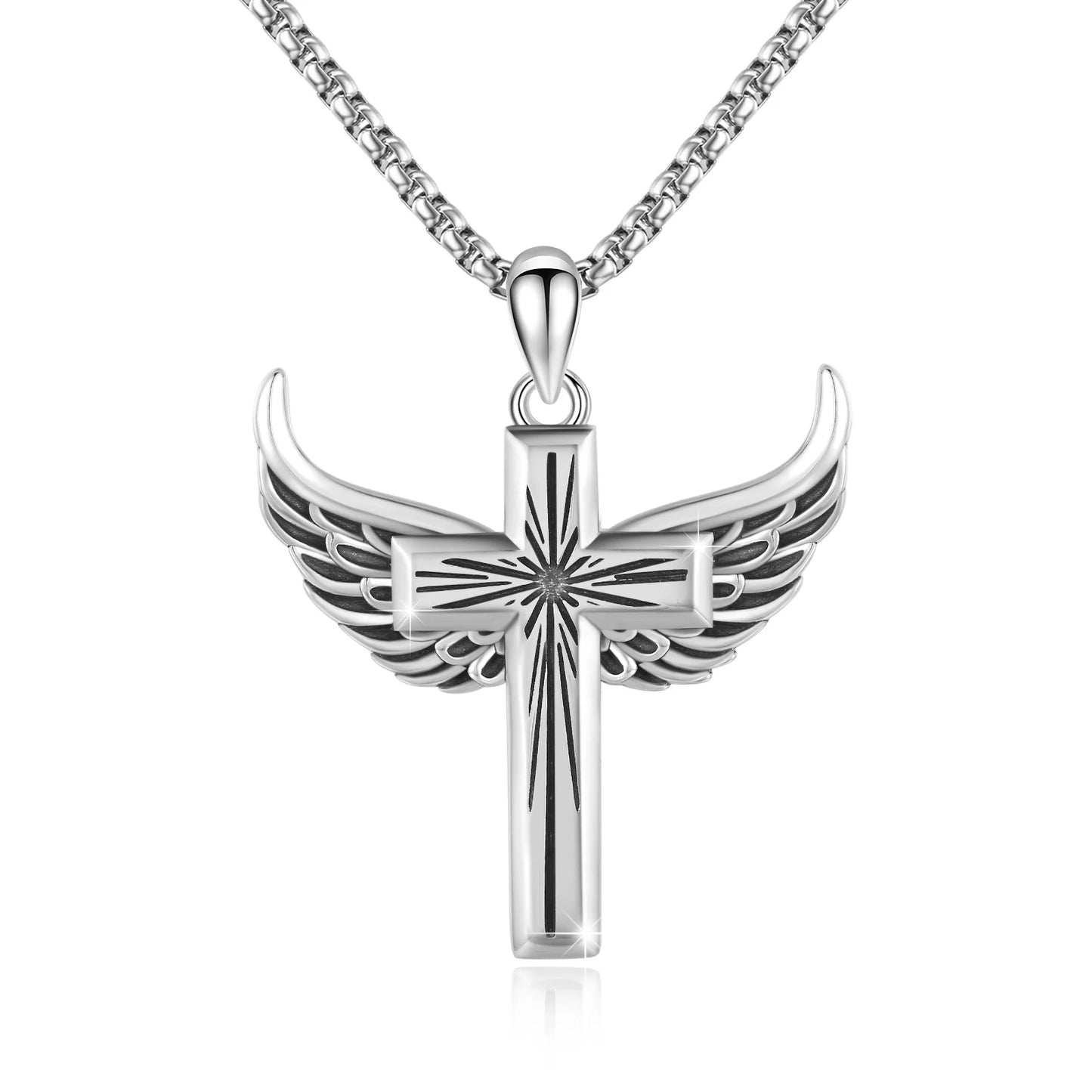 Cross Necklace 925 Sterling Silver Angel Wings Pendant Necklaces Christian Jewelry Birthday Gift for Men Women Boys Daughter Mom Son