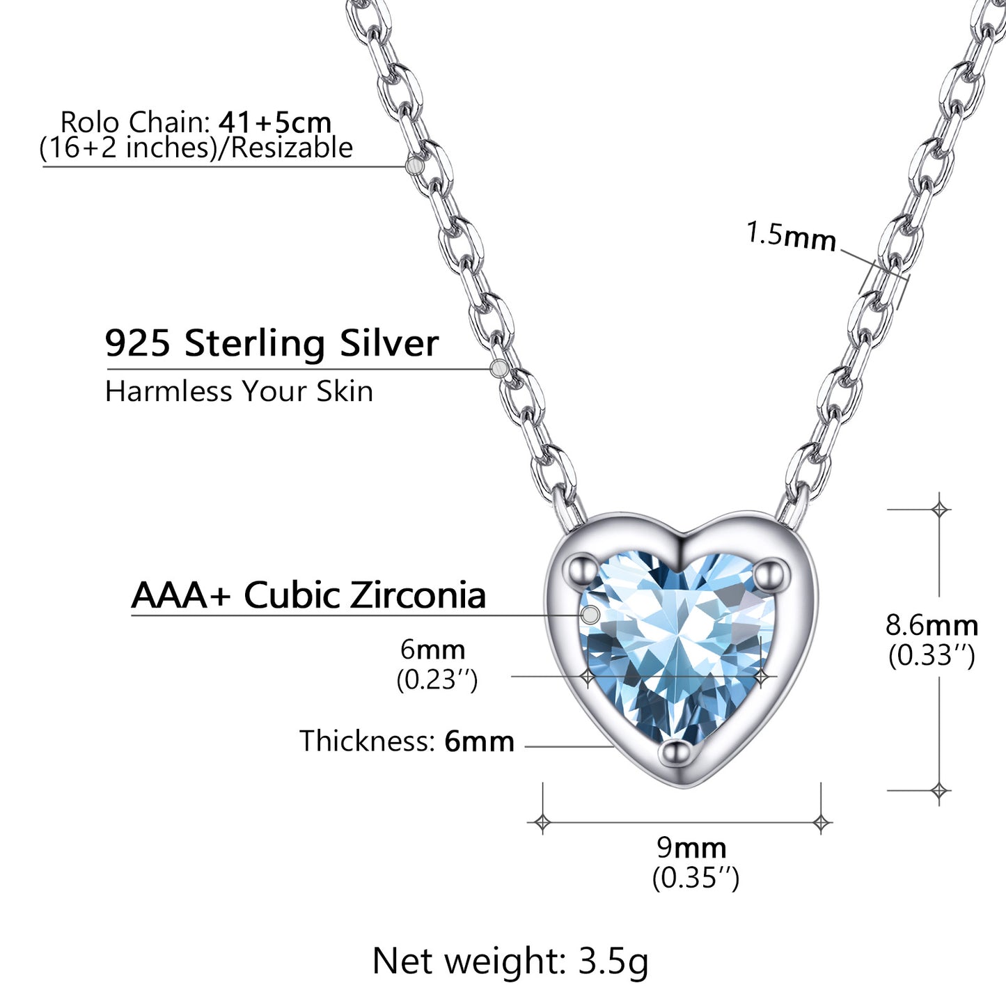 Women 925 Sterling Silver Birthstone Love Heart Necklace, Birthday Valentines Gift